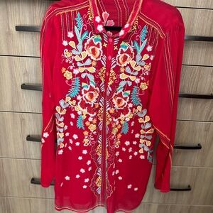 Johnny Was Red Floral Embroidered Blouse
